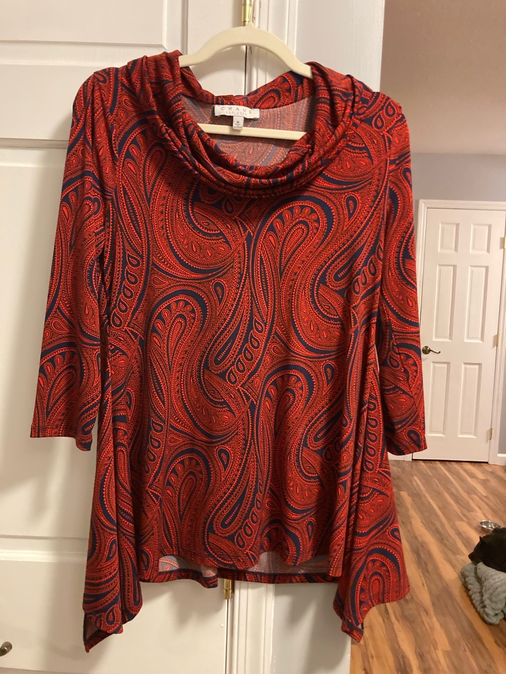 Chaus Red and Navy Paisley Cowl Neck Tunic